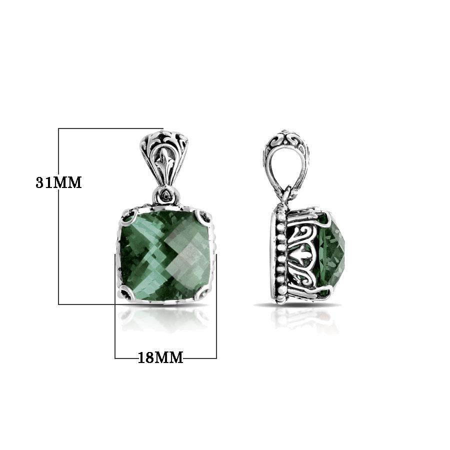 Sterling silver pendant with soft green cushion-cut amethyst quartz, Balinese handcrafted with scroll and beadwork.