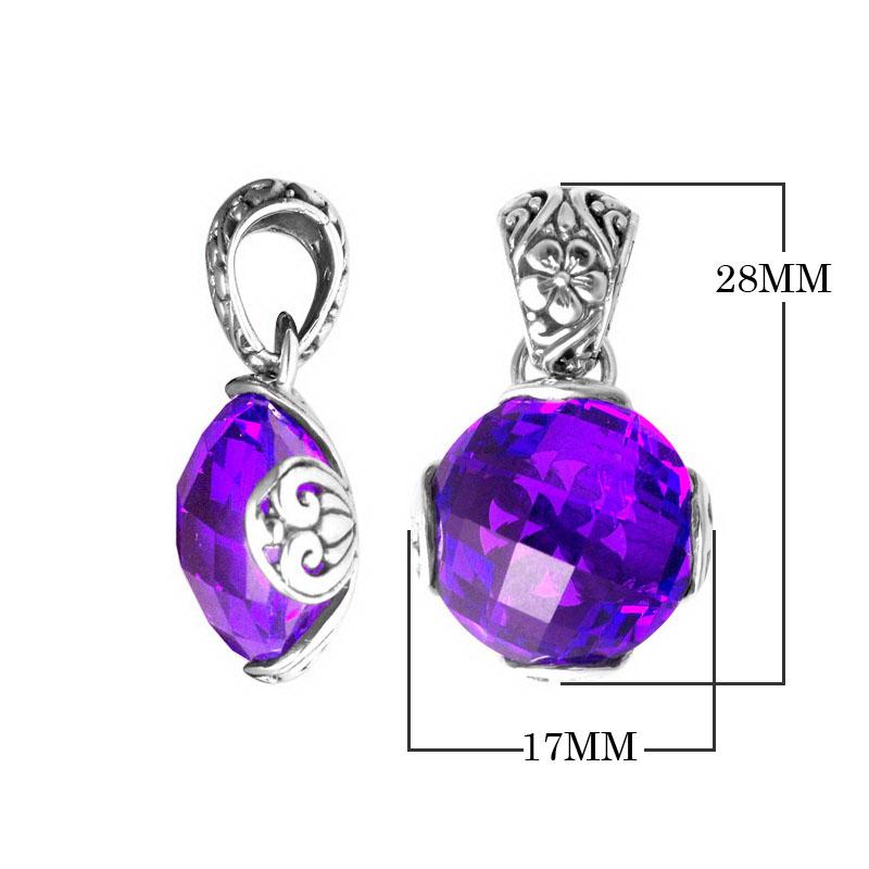 Handmade sterling silver pendant with faceted Amethyst Quartz and Balinese floral detailing, artisan crafted in Bali.