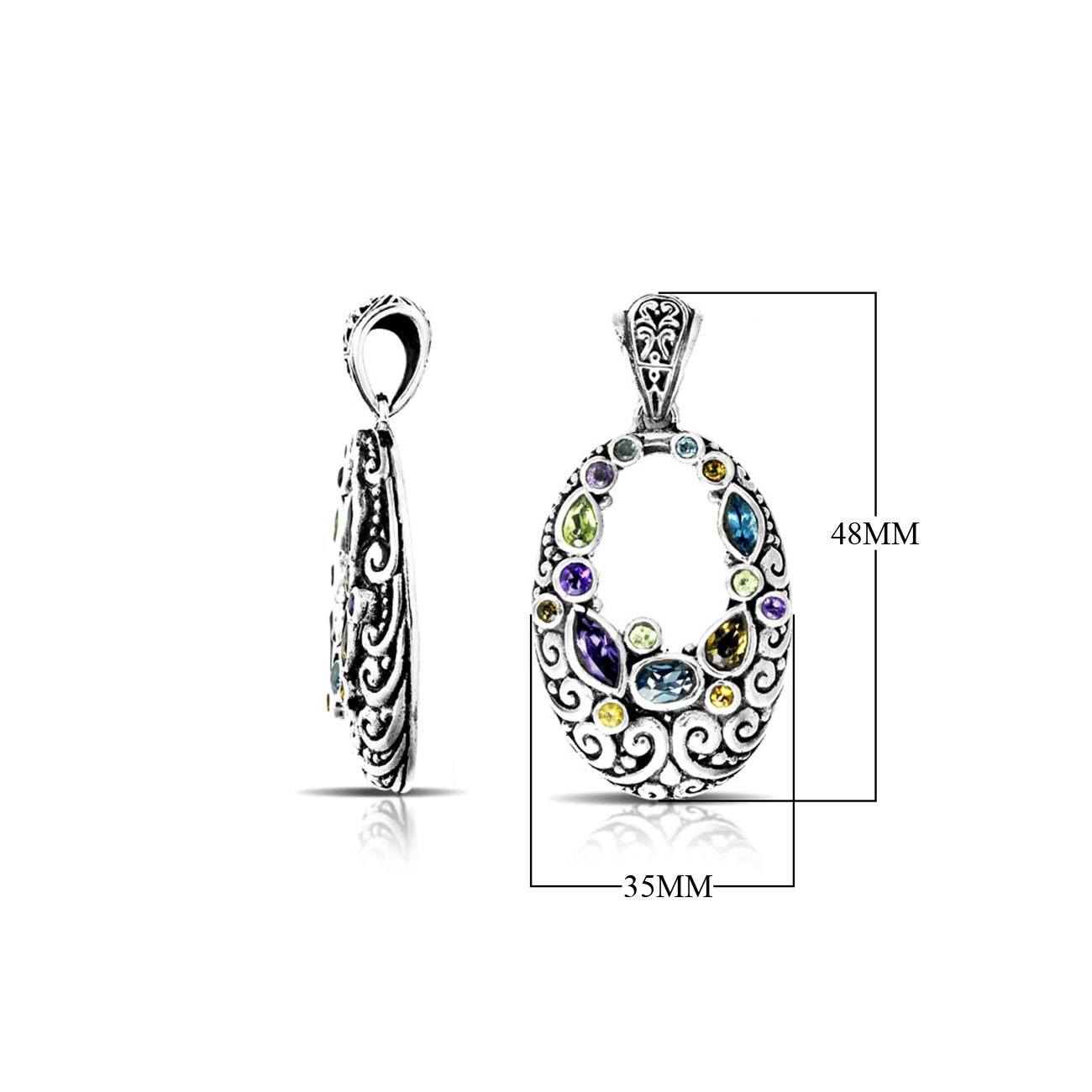 Handmade sterling silver oval pendant with Amethyst Quartz, Blue Topaz Quartz, Peridot Quartz, and Citrine Quartz in Balinese scroll design, artisan crafted in Bali.