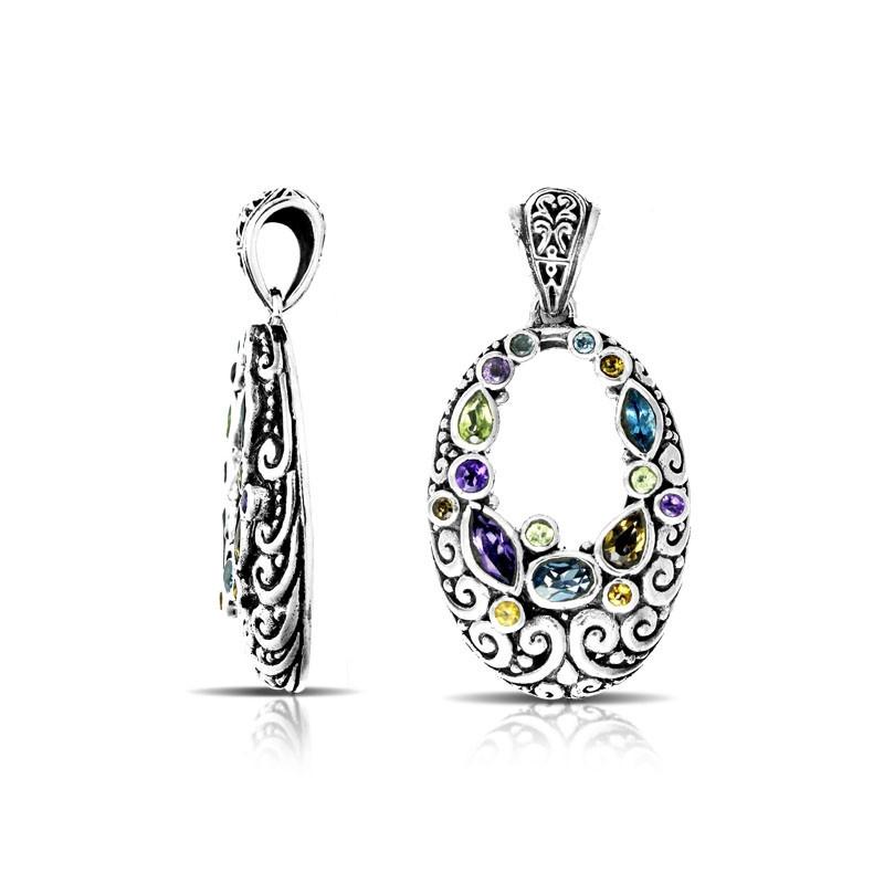 Handmade sterling silver oval pendant with Amethyst Quartz, Blue Topaz Quartz, Peridot Quartz, and Citrine Quartz in Balinese scroll design, artisan crafted in Bali.