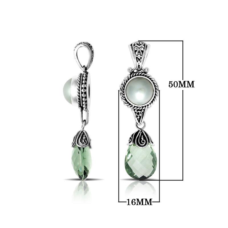 Handmade sterling silver pendant with pearl and green amethyst quartz drop, crafted in Bali.