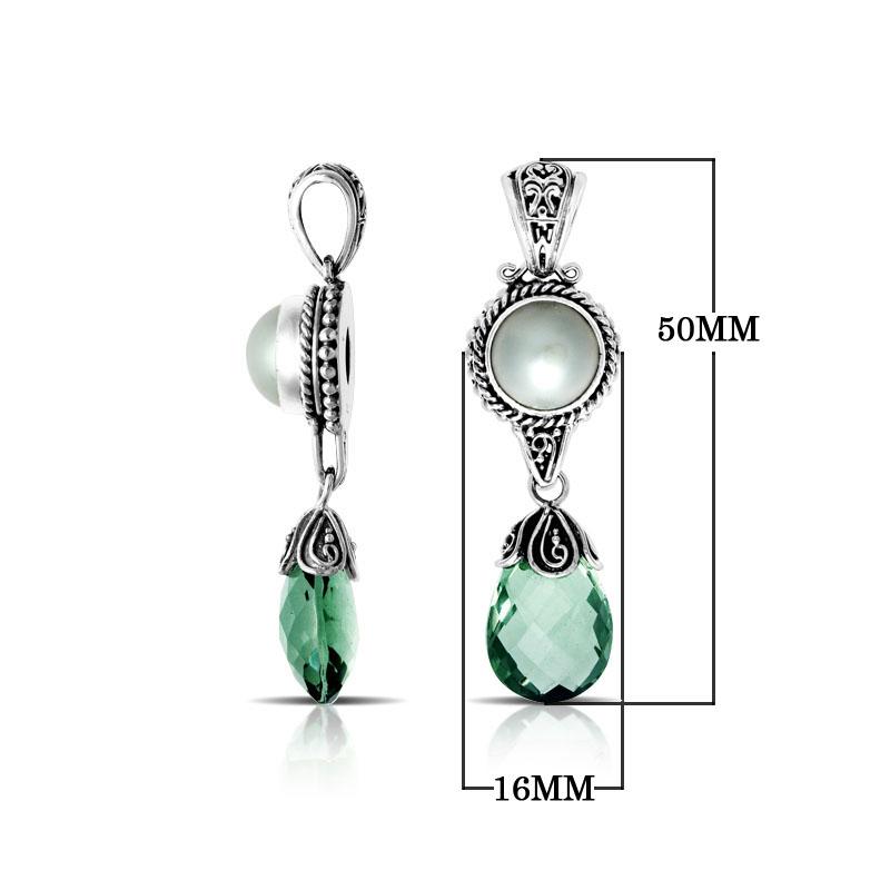 Handmade sterling silver pendant with Mabe pearl and green quartz drop, crafted in Bali.
