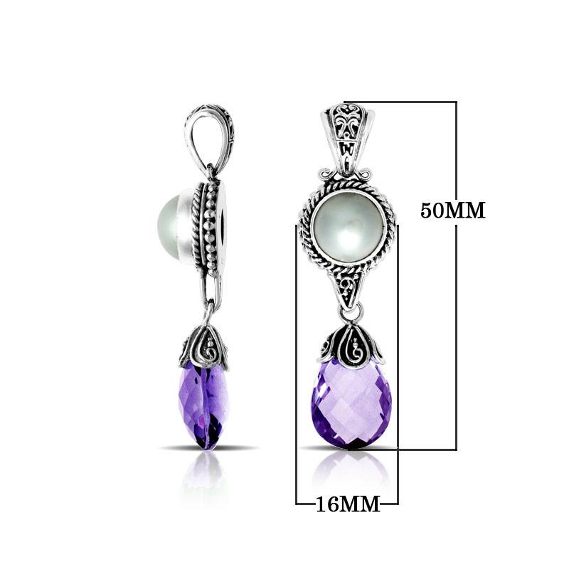 Handmade sterling silver pendant with mother of pearl and amethyst quartz drop, crafted in Bali.