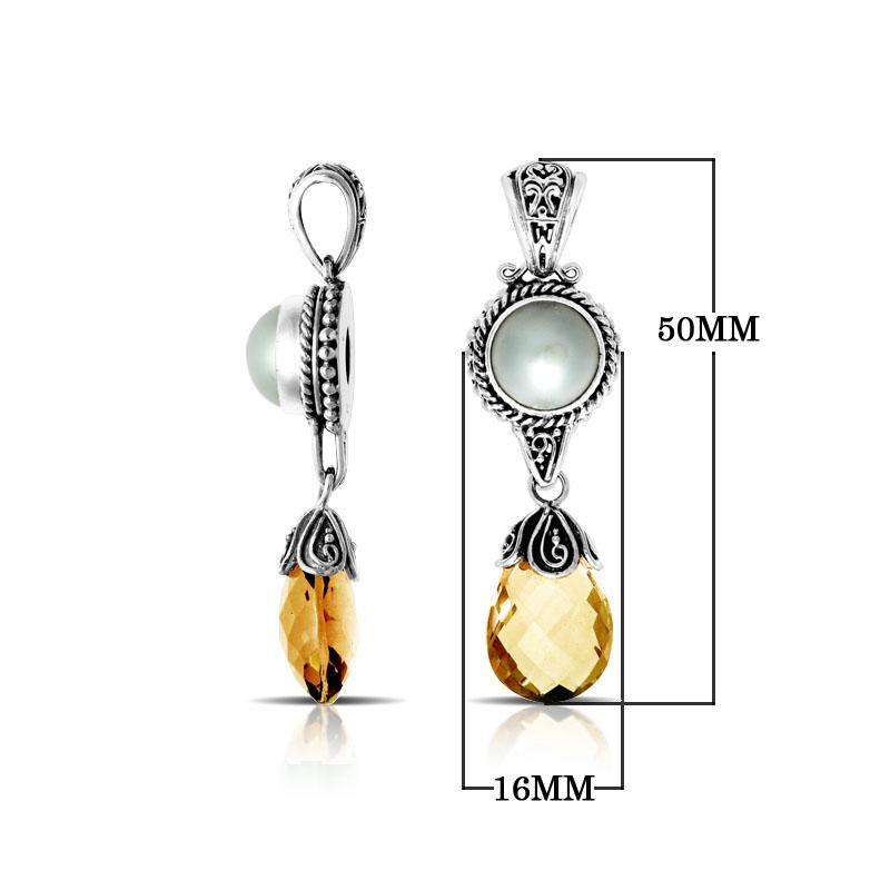 Handcrafted sterling silver pendant with mother of pearl and citrine quartz drop, made in Bali.
