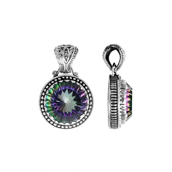 Handmade Mystic Topaz Quartz pendant in sterling silver with rainbow shine and Balinese artistry.