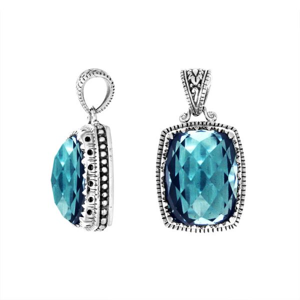 Handmade Blue Topaz Quartz cushion pendant in sterling silver with Balinese artistry.