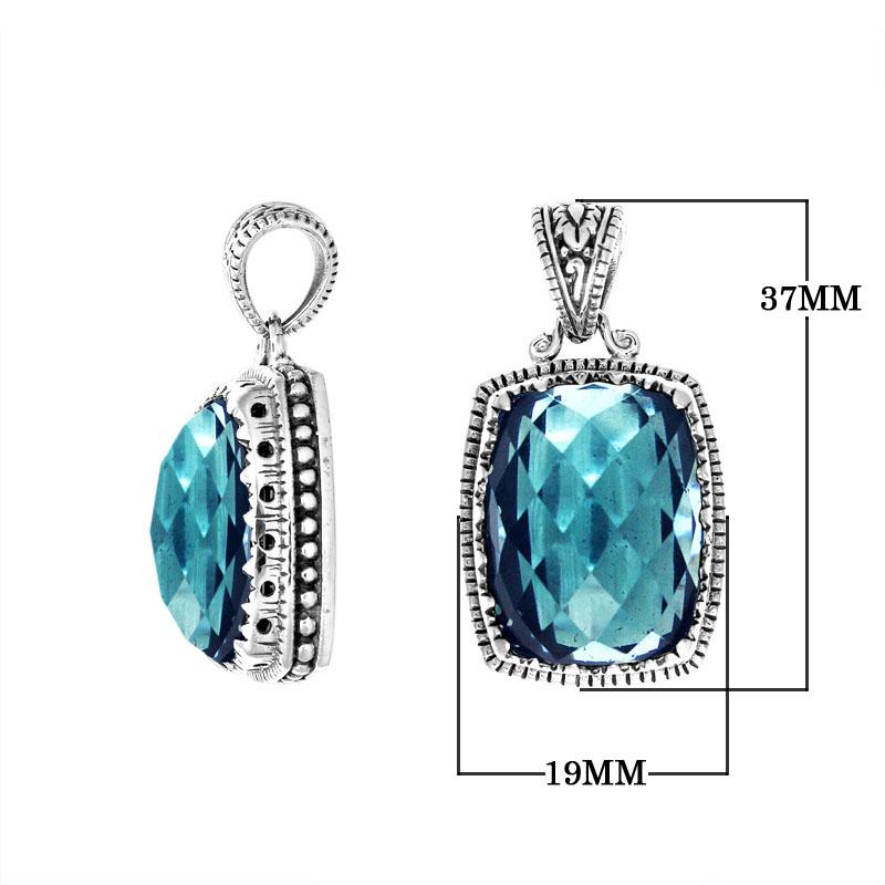 Handmade Blue Topaz Quartz cushion pendant in sterling silver with Balinese artistry.