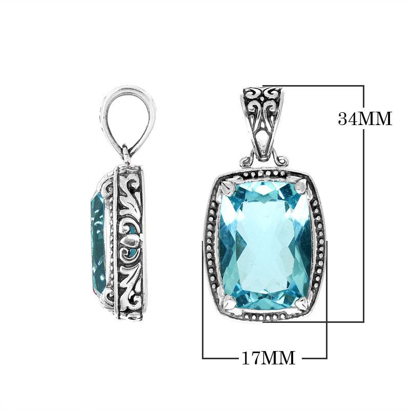 Handmade Blue Topaz Quartz rectangular pendant in sterling silver with Balinese artistry.