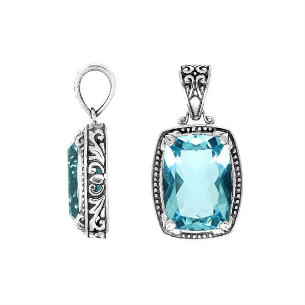 Handmade Blue Topaz Quartz rectangular pendant in sterling silver with Balinese artistry.