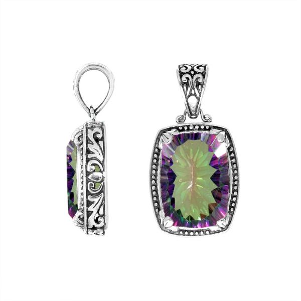 Handmade Mystic Topaz Quartz rectangular pendant in sterling silver with Balinese artistry and rainbow shine.