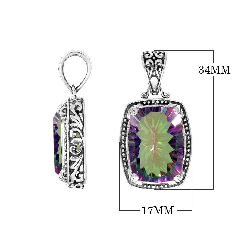 Handmade Mystic Topaz Quartz rectangular pendant in sterling silver with Balinese artistry and rainbow shine.