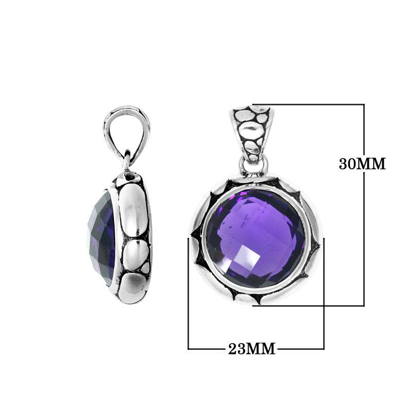 Handmade Amethyst Quartz round pendant in sterling silver with Balinese artistry.