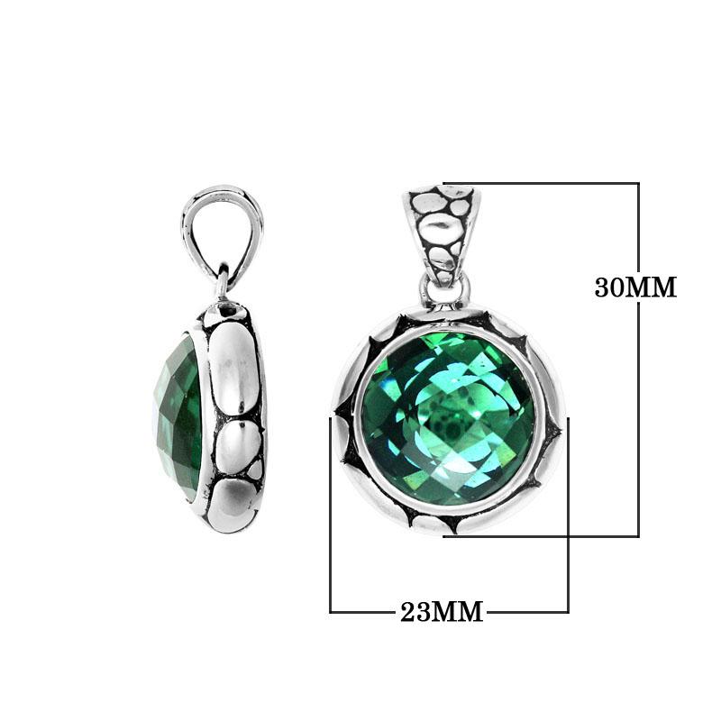 Handmade Green Quartz round pendant in sterling silver with Balinese artistry.