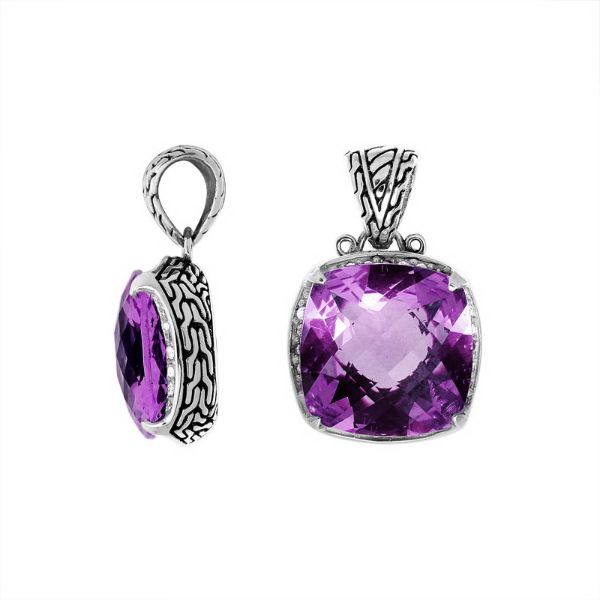 Handmade Amethyst Quartz cushion pendant in sterling silver with Balinese artistry.