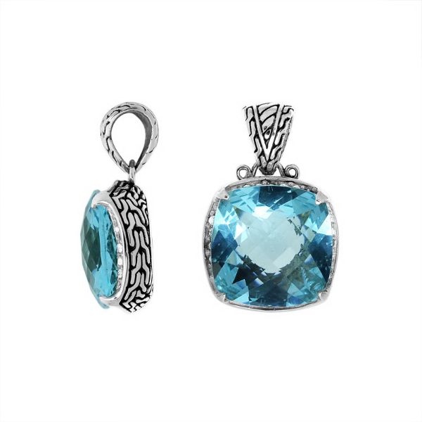 Handmade Blue Topaz Quartz cushion pendant in sterling silver with Balinese artistry.