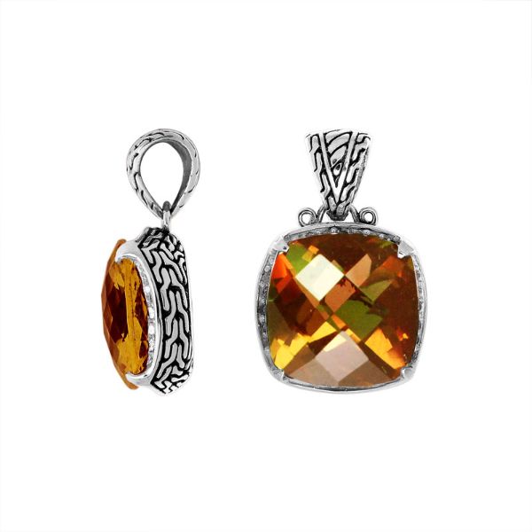 Handmade Citrine Quartz cushion pendant in sterling silver with Balinese artistry.