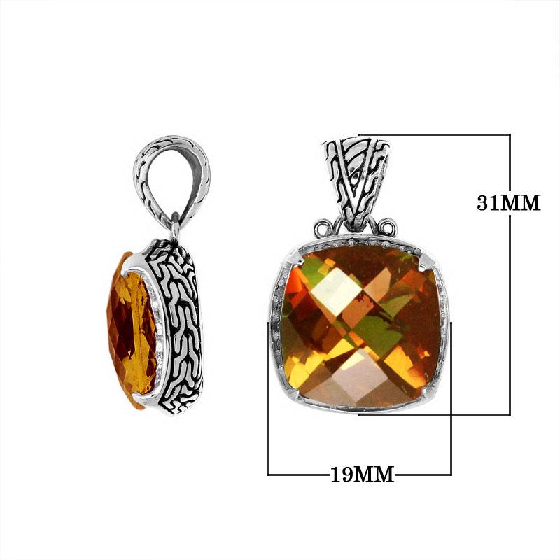 Handmade Citrine Quartz cushion pendant in sterling silver with Balinese artistry.