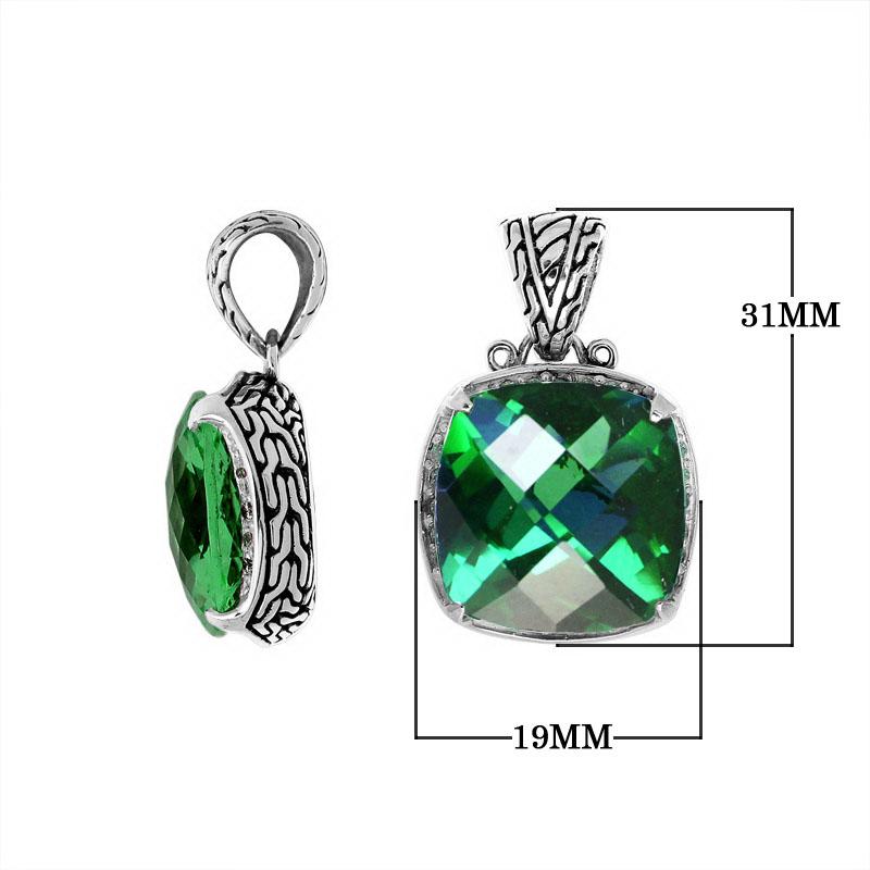 Handmade Green Quartz cushion pendant in sterling silver with Balinese artistry.