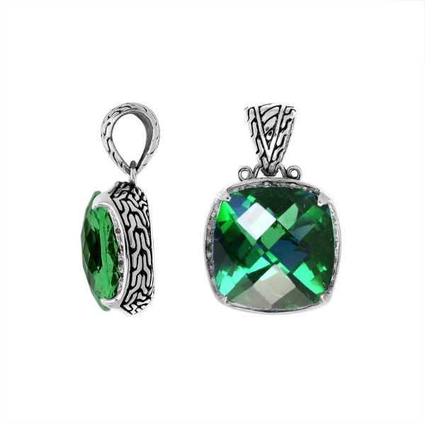 Handmade Green Quartz cushion pendant in sterling silver with Balinese artistry.