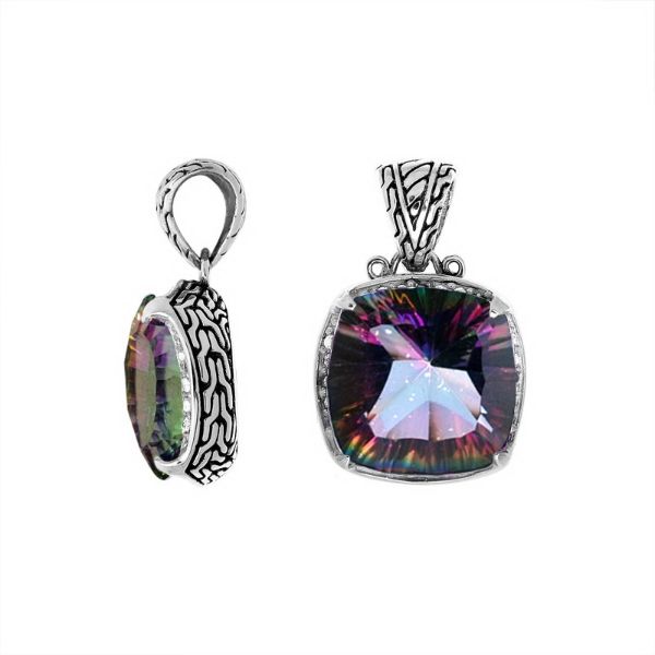 Handmade Mystic Topaz Quartz cushion pendant in sterling silver with Balinese artistry and rainbow shine.