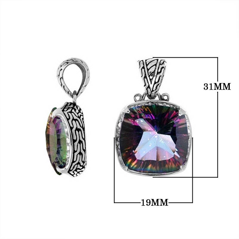 Handmade Mystic Topaz Quartz cushion pendant in sterling silver with Balinese artistry and rainbow shine.
