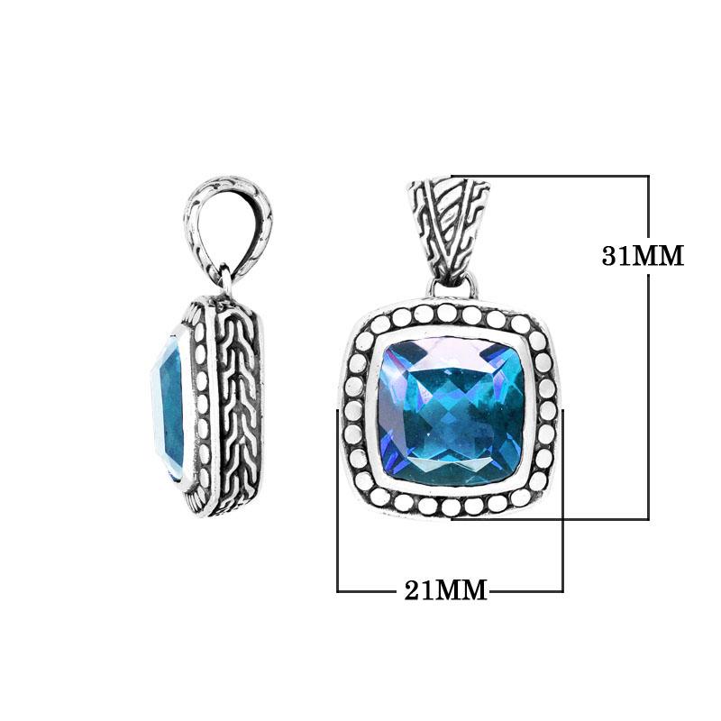 Handmade Blue Topaz Quartz cushion pendant in sterling silver with Balinese beaded artistry.