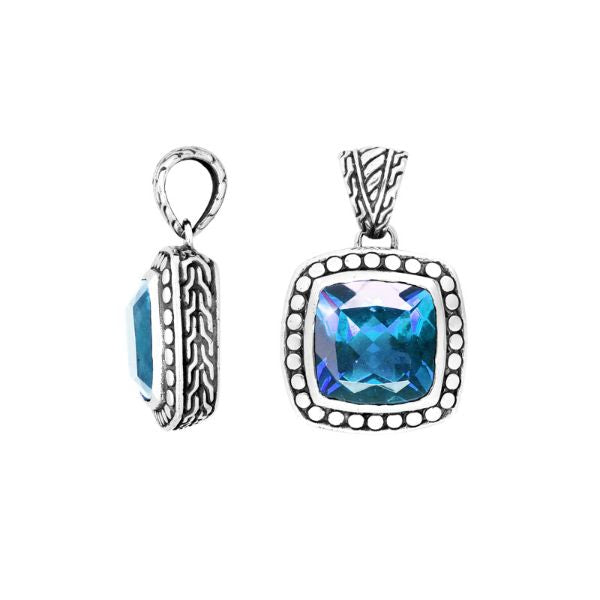 Handmade Blue Topaz Quartz cushion pendant in sterling silver with Balinese beaded artistry.