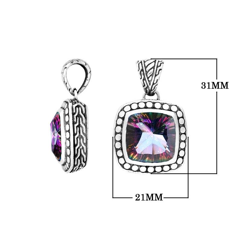 Handmade Mystic Topaz Quartz cushion pendant in sterling silver with Balinese artistry and rainbow shine.