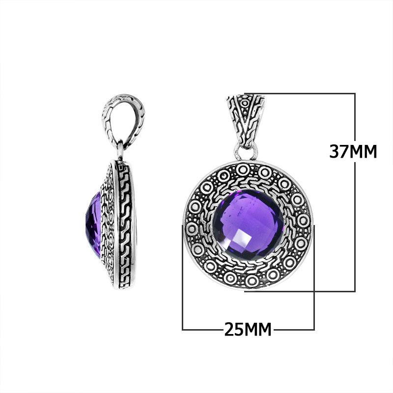 Handmade Amethyst Quartz round pendant in sterling silver with Balinese engraved artistry.