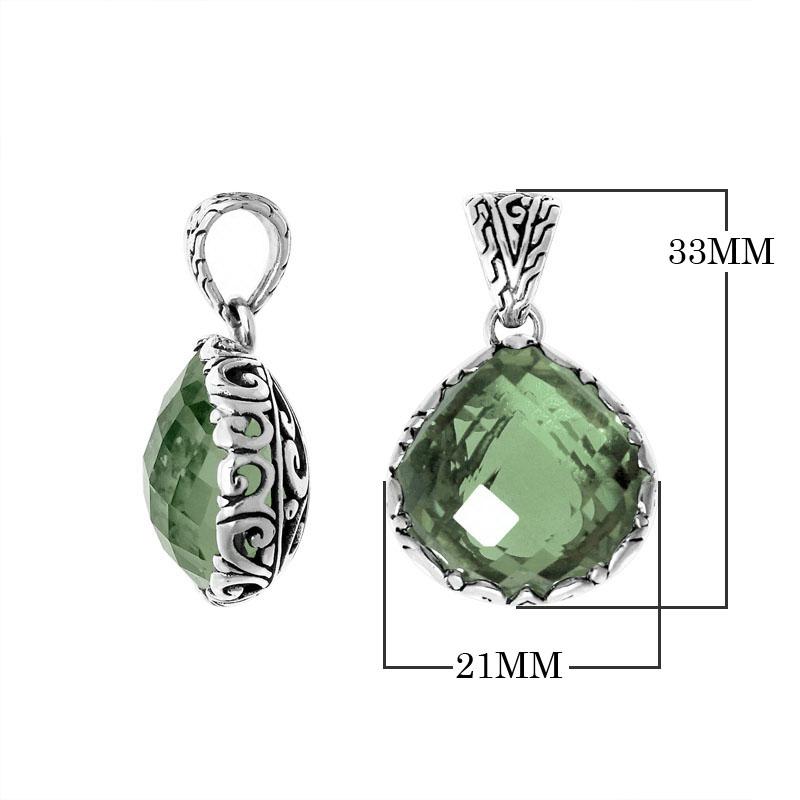 Retail Green Amethyst Quartz pendant handmade in sterling silver with Balinese detailing from Bali.