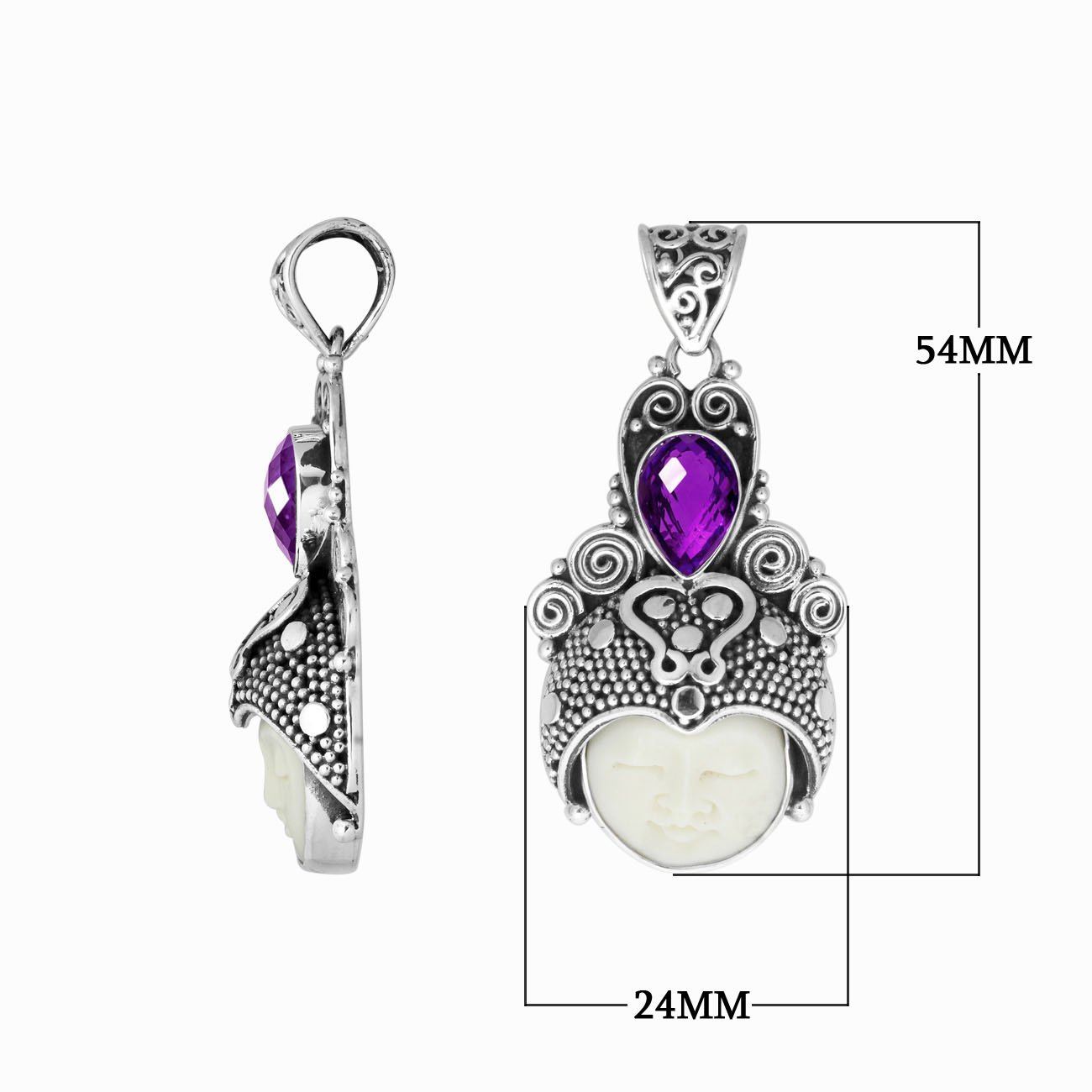 Balinese bone face pendant with amethyst quartz in sterling silver, handcrafted jewelry.