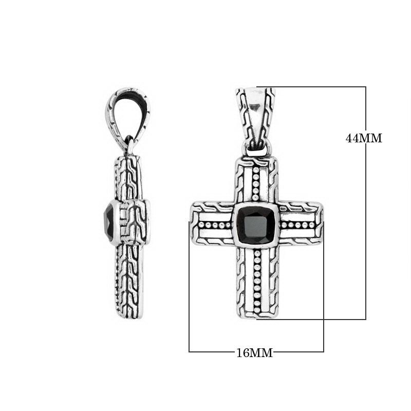 Silver cross pendant with black onyx stone in artistic design.