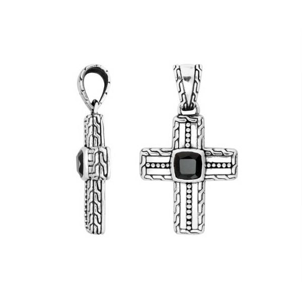 Silver cross pendant with black onyx stone in artistic design.