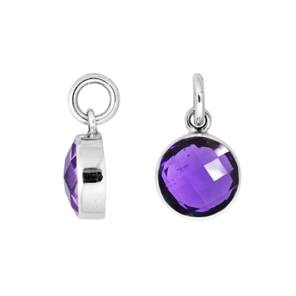 Sterling silver round-cut pendant with polished Amethyst Quartz stone