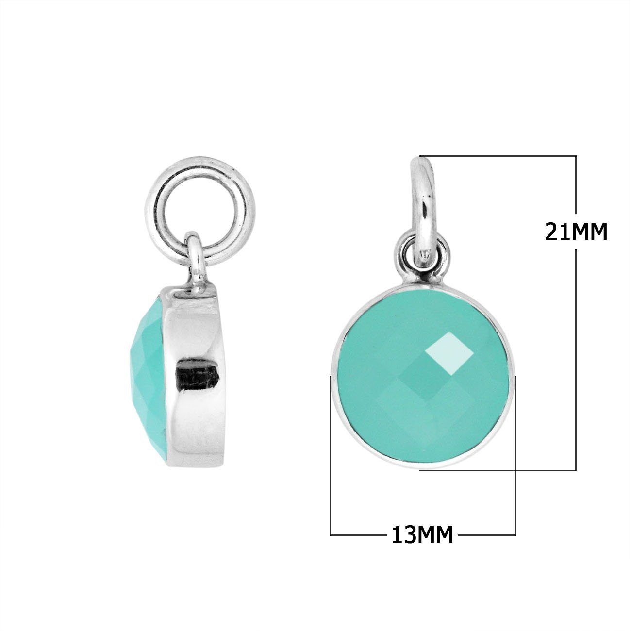 Sterling silver round-cut pendant with polished Green Chalcedony Quartz stone