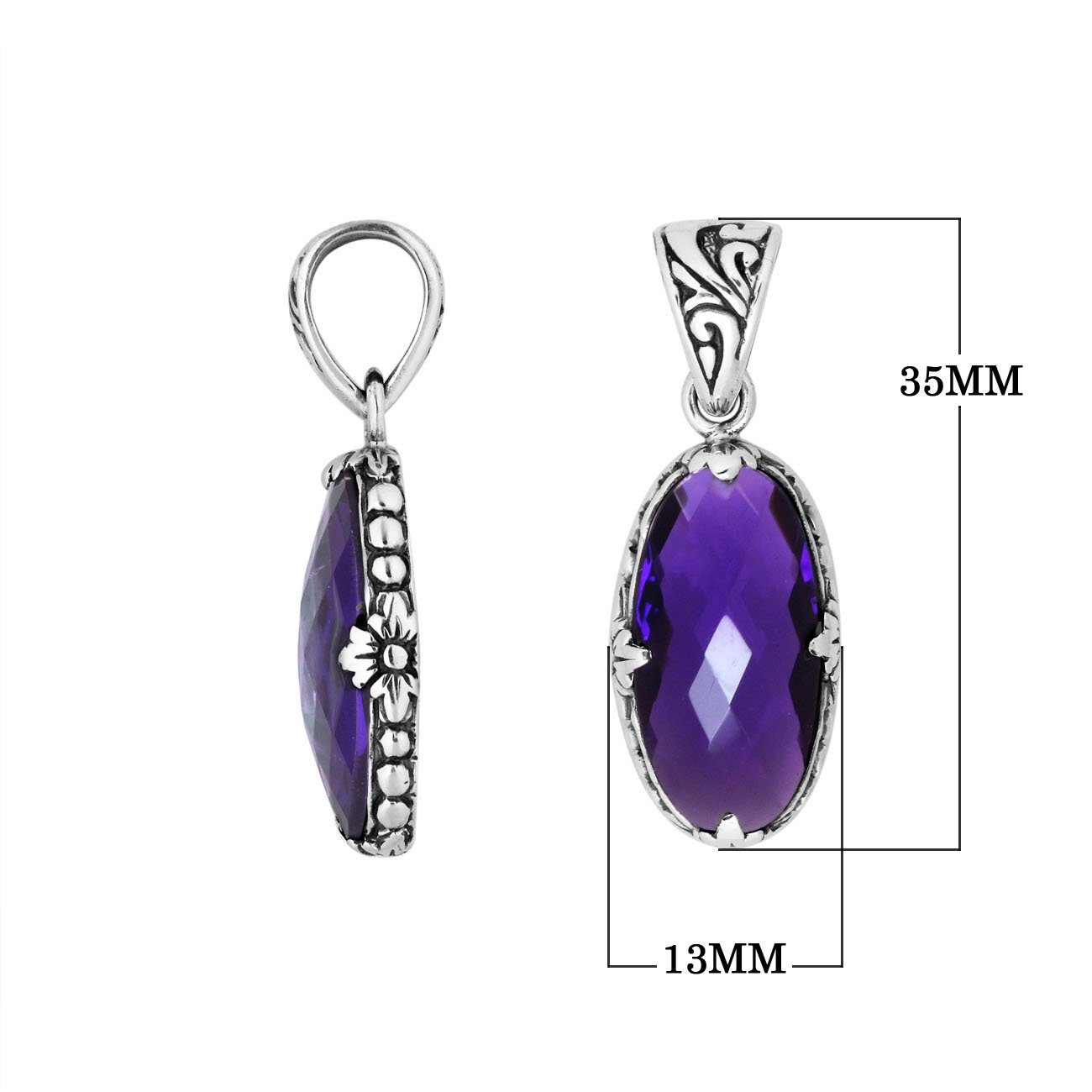 Elegant Sterling Silver oval Amethyst Quartz pendant with floral engraving