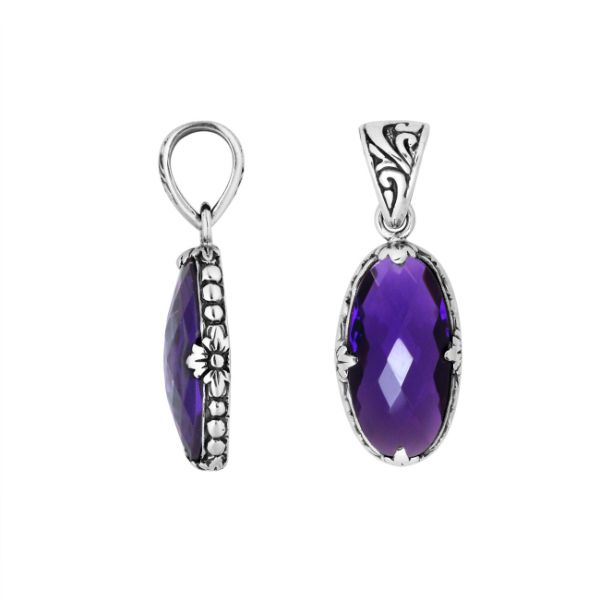 Elegant Sterling Silver oval Amethyst Quartz pendant with floral engraving