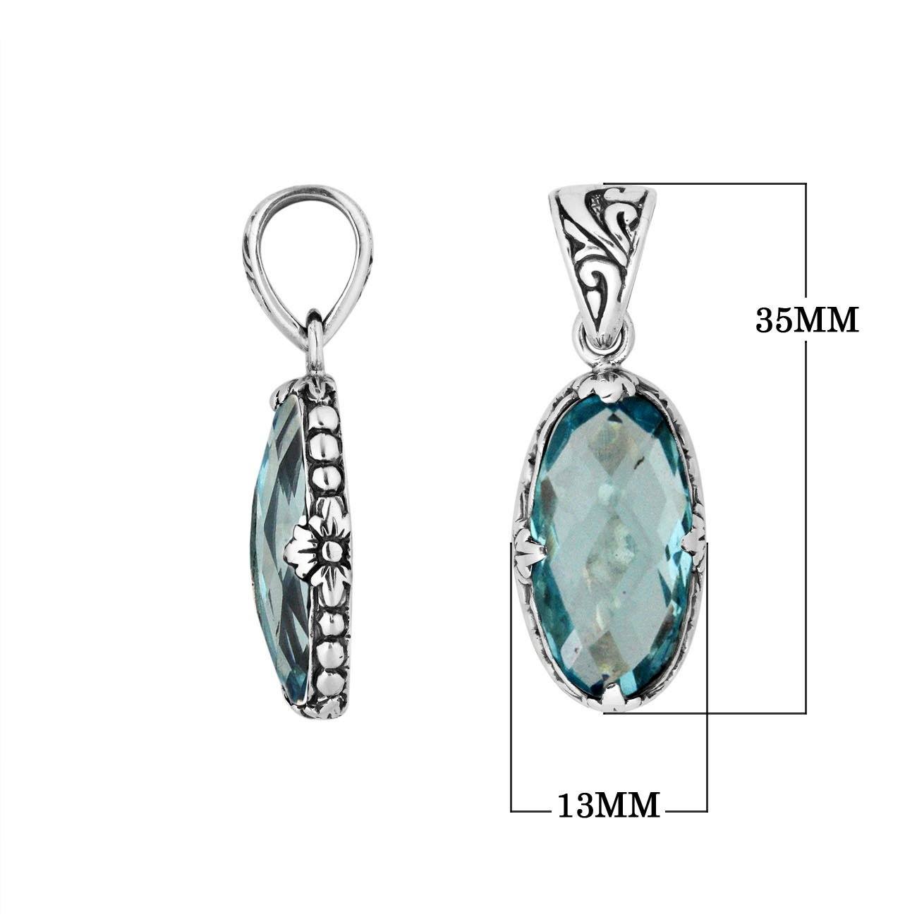 Elegant Sterling Silver oval Blue Topaz Quartz pendant with floral engraved detailing