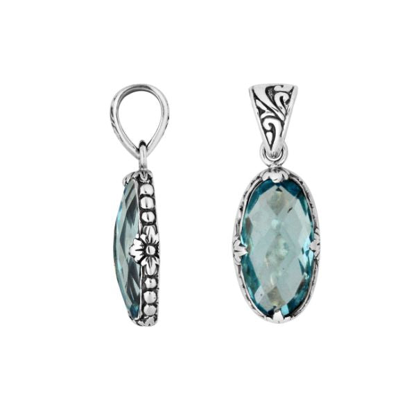 Elegant Sterling Silver oval Blue Topaz Quartz pendant with floral engraved detailing