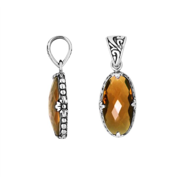 Elegant Sterling Silver oval Citrine Quartz pendant with floral engraved detailing