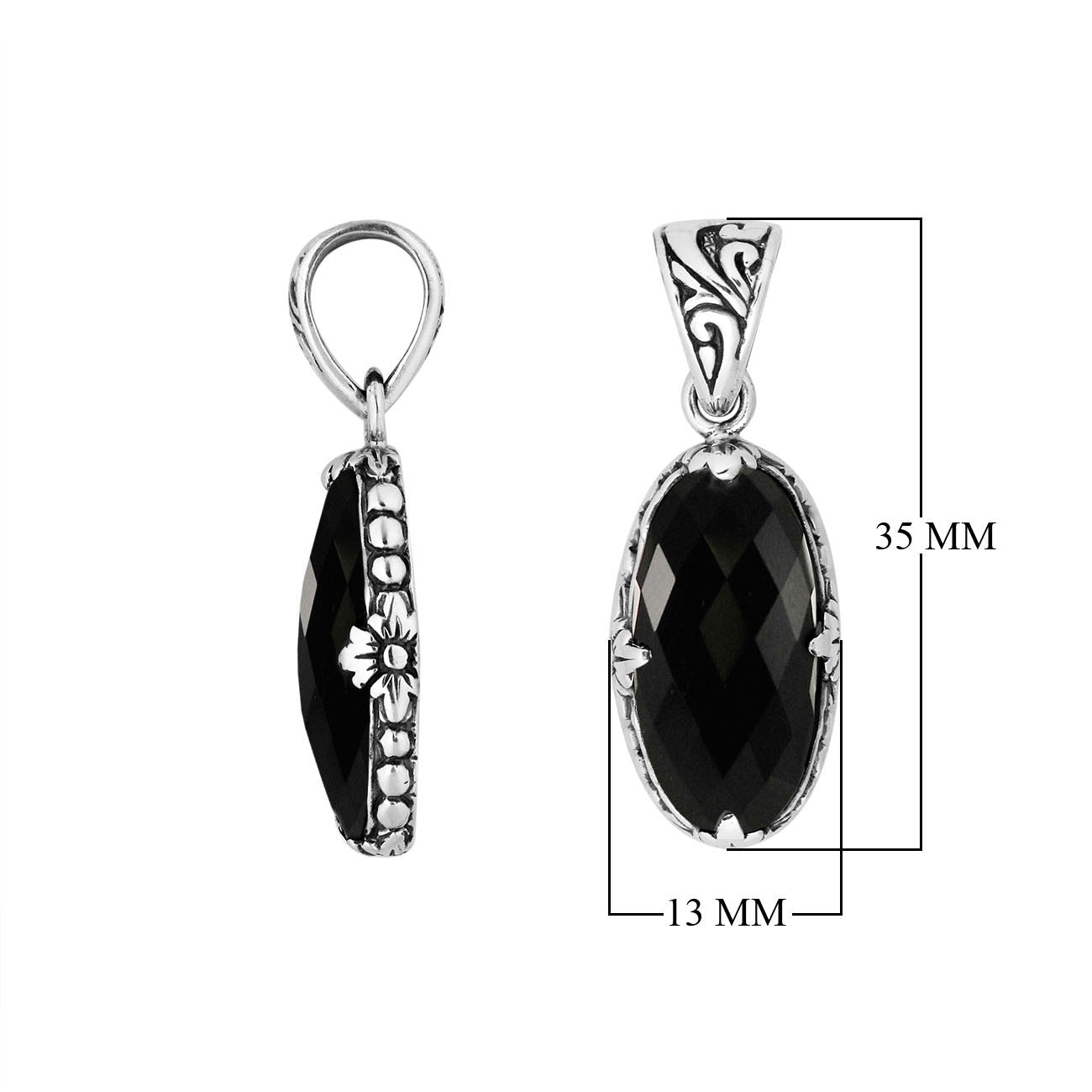 Sterling Silver Marquise Pendant With Black Onyx Floral Design