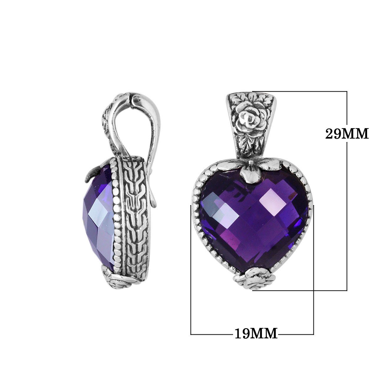 Sterling Silver Heart-Shaped Pendant With Polished Amethyst Quartz And Antique Bali Floral Detailing