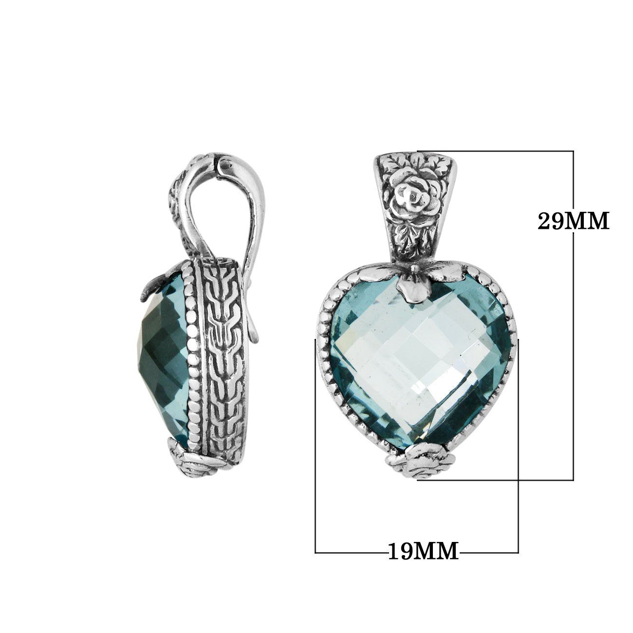 Sterling Silver Heart-Shaped Pendant With Blue Topaz Quartz And Antique Floral Bali Detailing