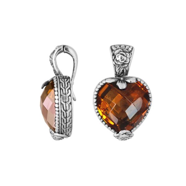 Sterling Silver Heart-Shaped Pendant With Citrine Quartz And Antique Floral Bali Detailing