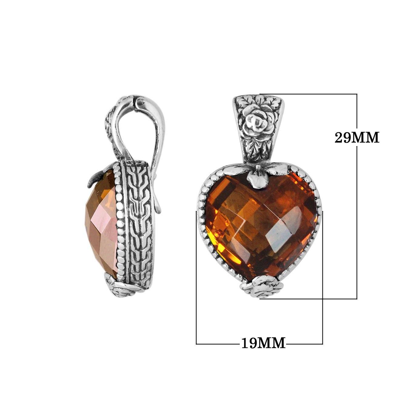 Sterling Silver Heart-Shaped Pendant With Citrine Quartz And Antique Floral Bali Detailing