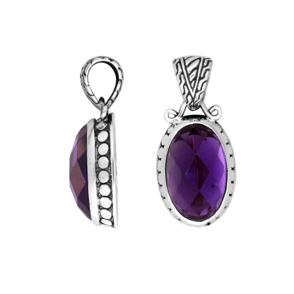 Sterling Silver Oval Pendant With Polished Amethyst Quartz And Antique Bali Detailing