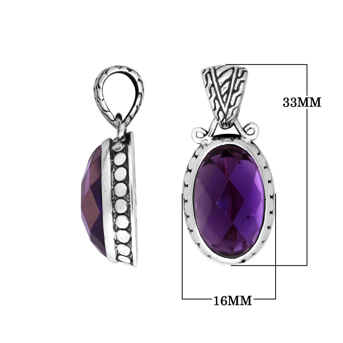 Sterling Silver Oval Pendant With Polished Amethyst Quartz And Antique Bali Detailing