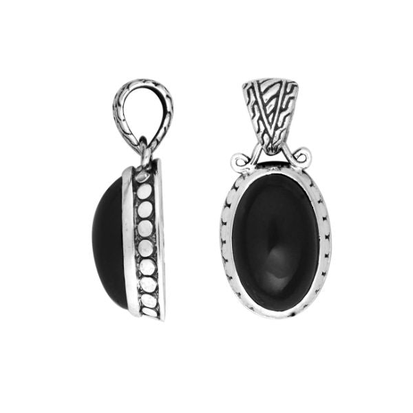 Sterling Silver Oval Pendant With Black Onyx And Antique Bali Detailing