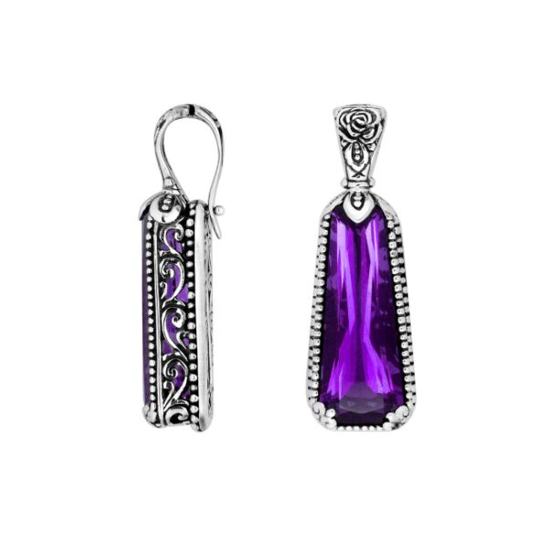 Sterling Silver Tapered Pendant With Amethyst Quartz And Antique Floral Bali Design