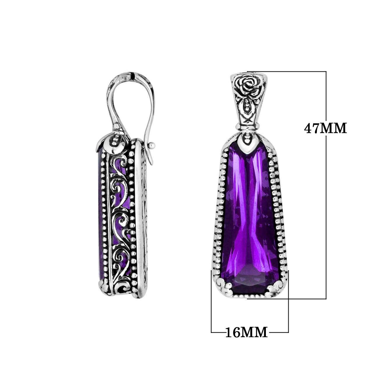 Sterling Silver Tapered Pendant With Amethyst Quartz And Antique Floral Bali Design